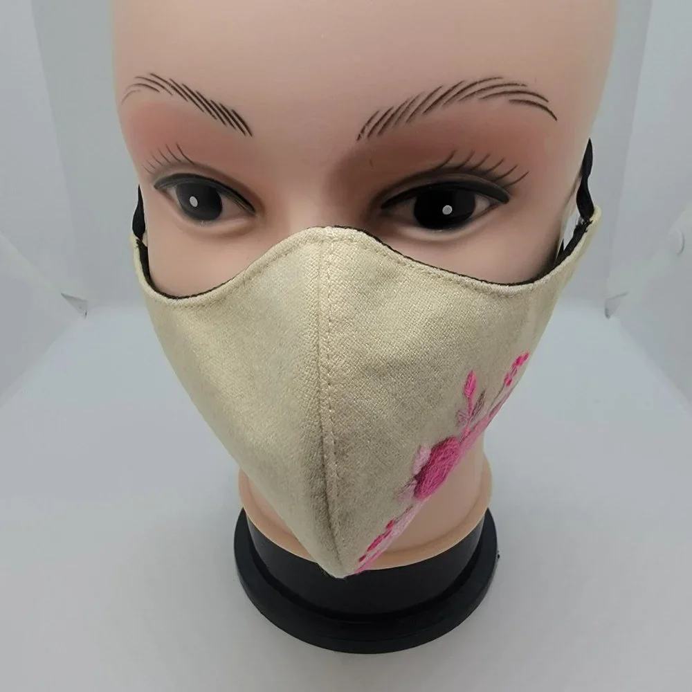 New Face cover ear loop Cream Mask Women's Embroidered handmade Pink flowers